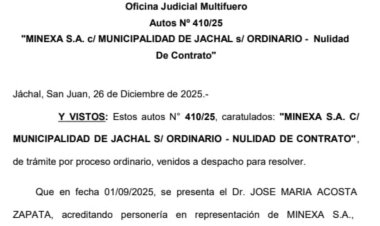 La Justicia falló a favor de la municipalidad de Jachal y ratifica la vigencia del contrato con la empresa Thor