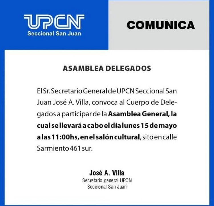 UPCN convoca asamblea de Delegados