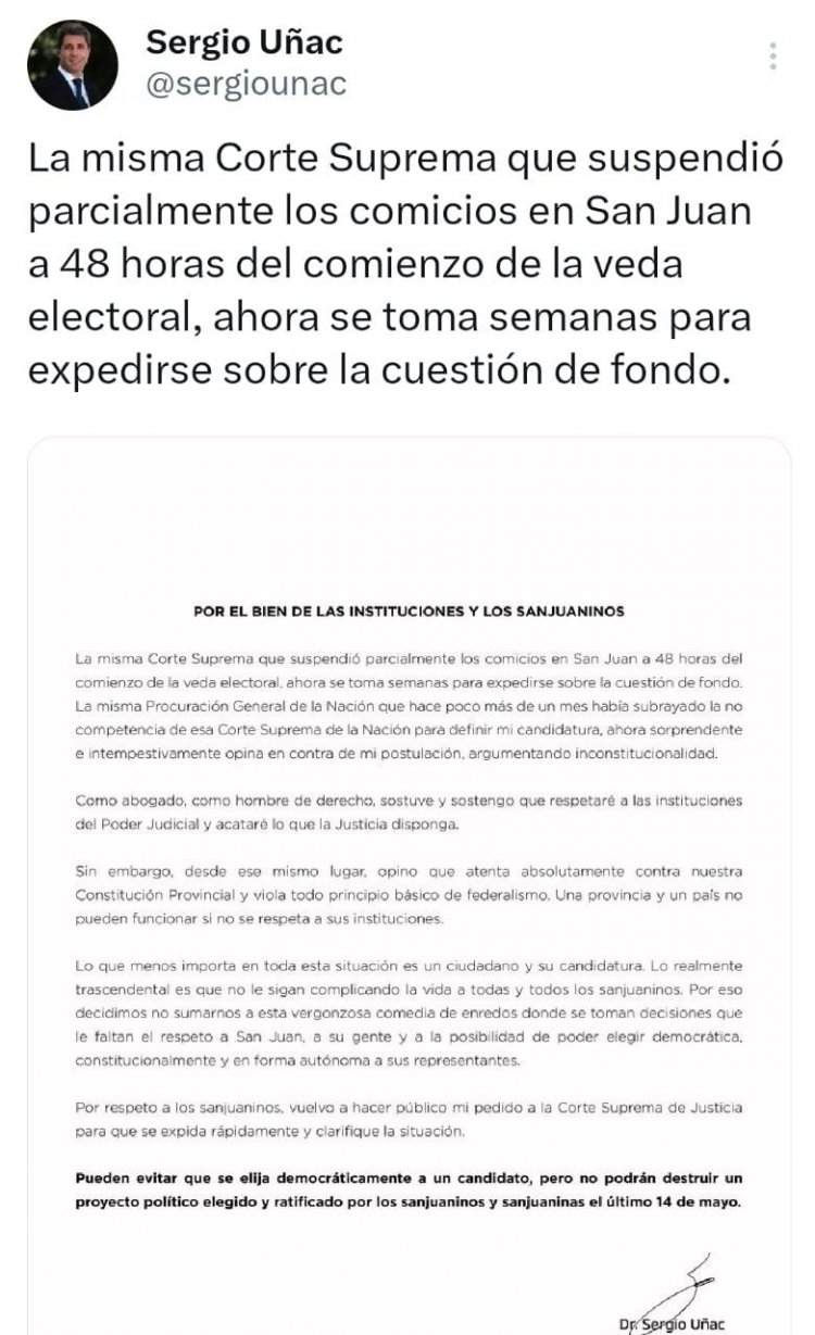 Uñac pidió celeridad a la Corte Suprema y aseguró que acatará la decisión