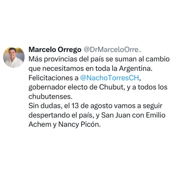 Orrego felicitó al gobernador electo de Chubut