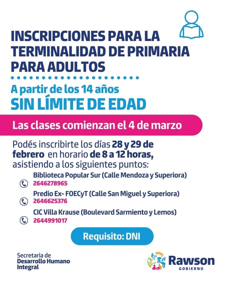 Más oportunidades para terminar los estudios primarios en Rawson