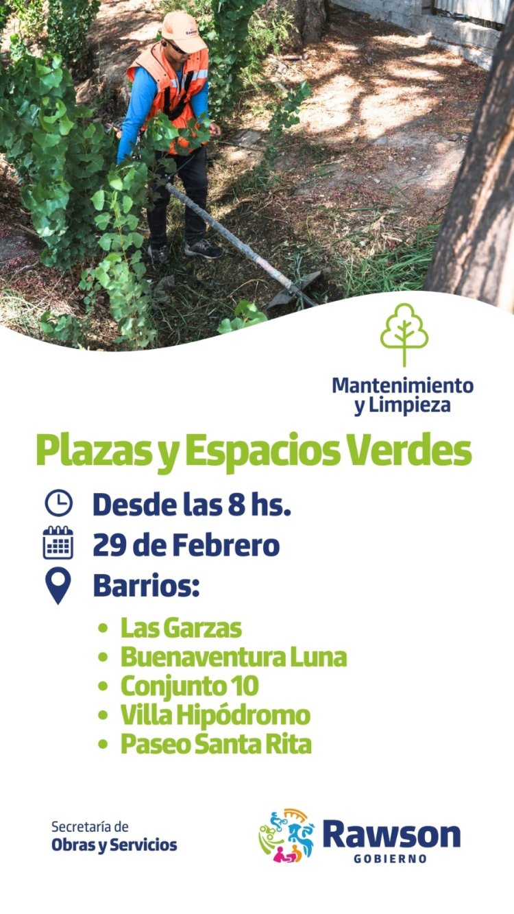 En Rawson siguen los operativos de limpieza en barrios, plazas y escuelas del departamento
