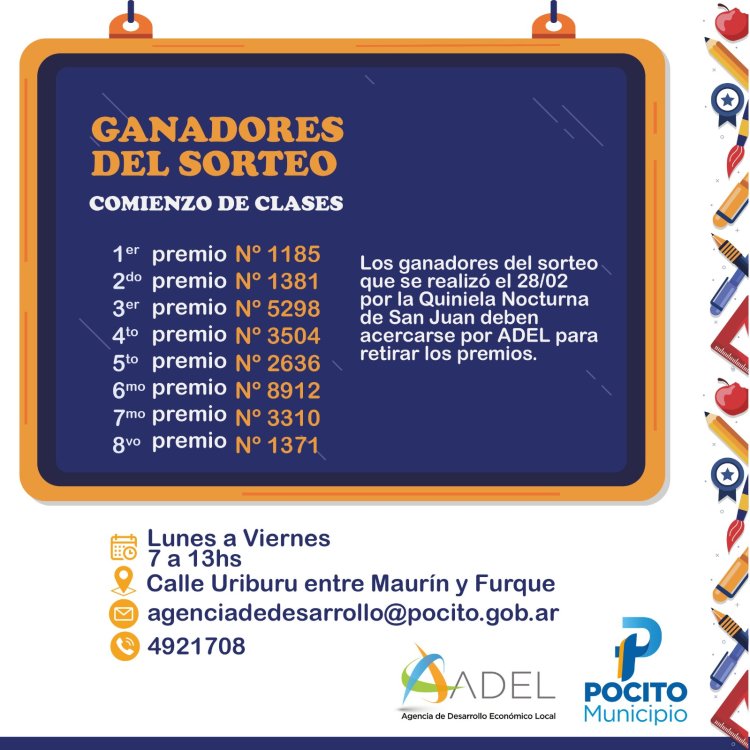 Pocito da a conocer los ganadores del sorteo "Comienzo de Clases"