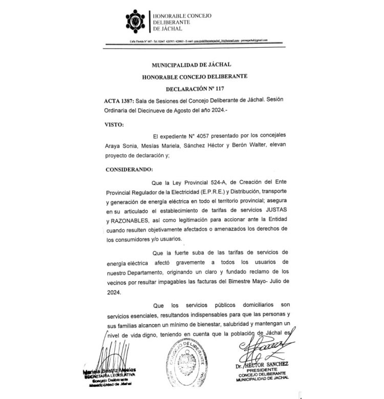 El Concejo Deliberante de Jáchal declaró de interés Departamental y Social el reclamo por las tarifas de energía