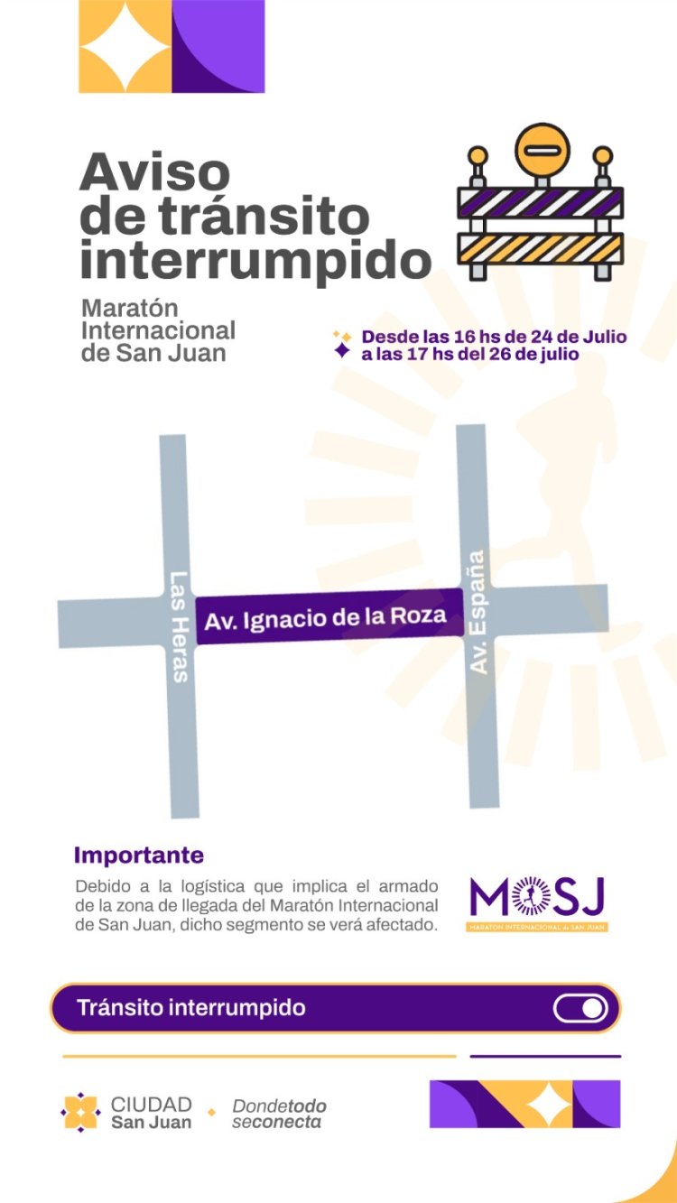 La Ciudad informa un corte programado en avenida Ignacio de la Roza por la Maratón Internacional de San Juan